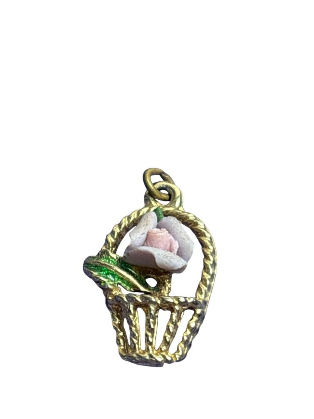 Vintage Porcelain Rose in Goldtone Basket Pendant Green Enamel Leaf 1 inch